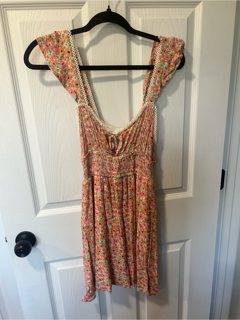 Altar'd State Pink Floral Smocked Mini Dress with Lace Trim